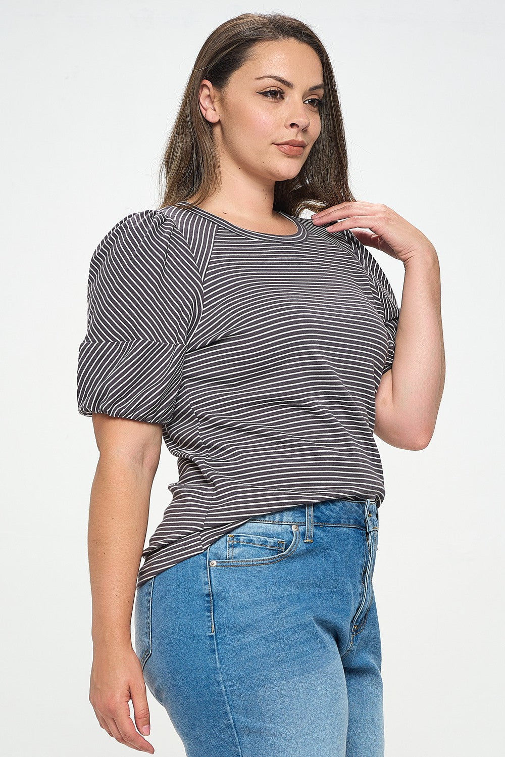 Bubble Sleeve Knit Top (Black & White - Plus Size)