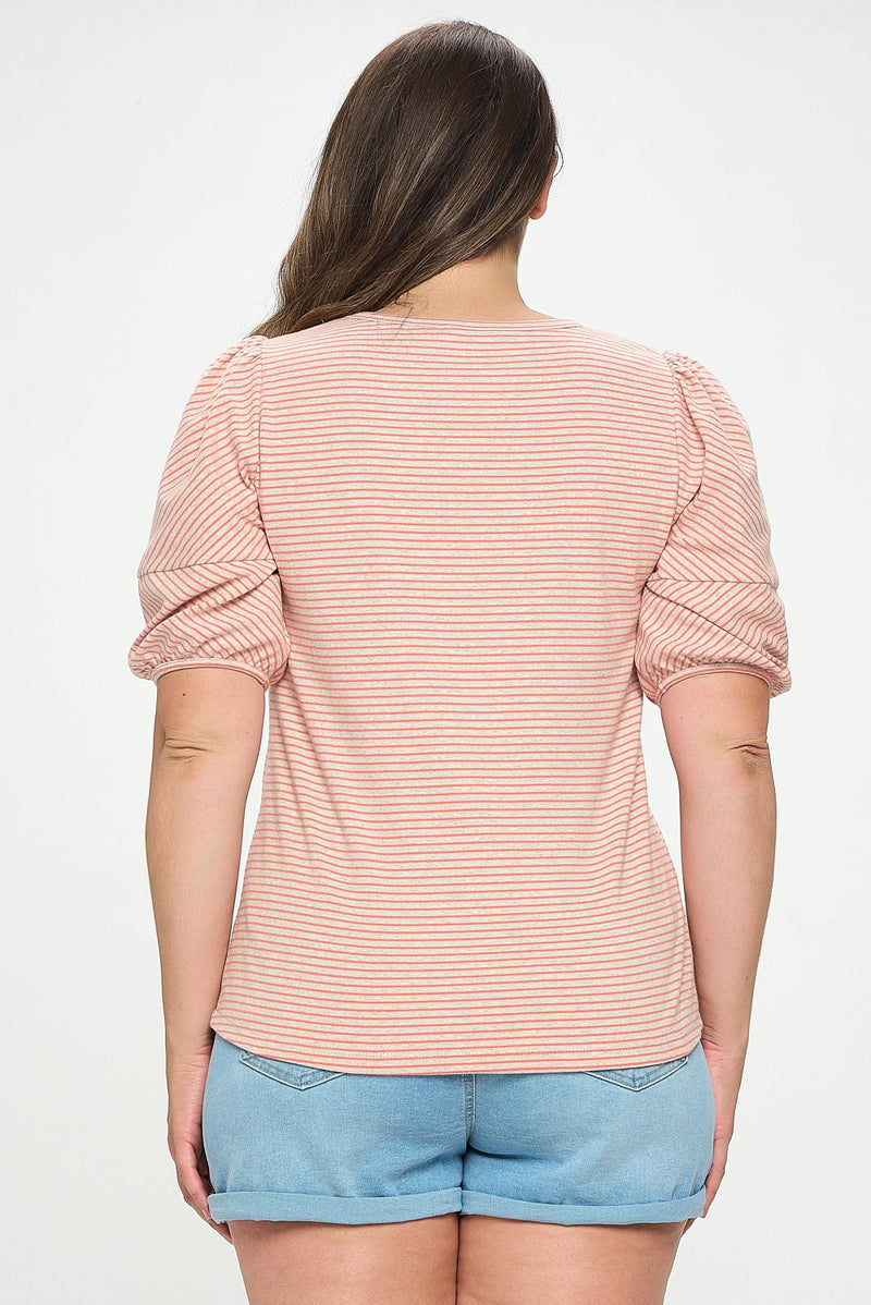 Bubble Sleeve Knit Top (Oatmeal Stripe - Plus Size)