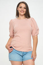 Bubble Sleeve Knit Top (Oatmeal Stripe - Plus Size)