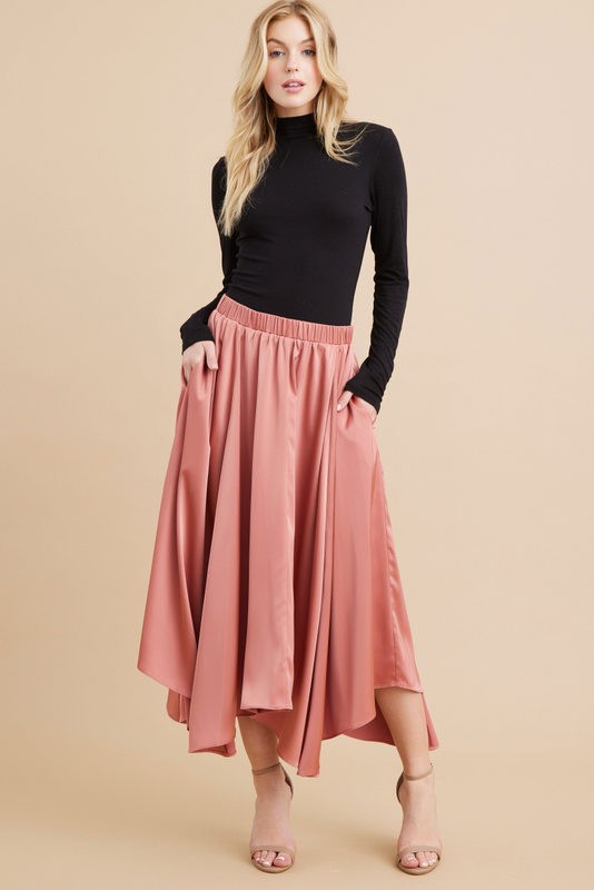 Elastic Waist Satin A-Line Skirt w/ Pockets (Rose)