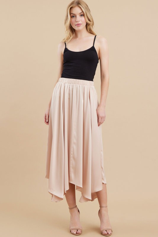 Elastic Waist Satin A-Line Skirt w/ Pockets (Champagne)