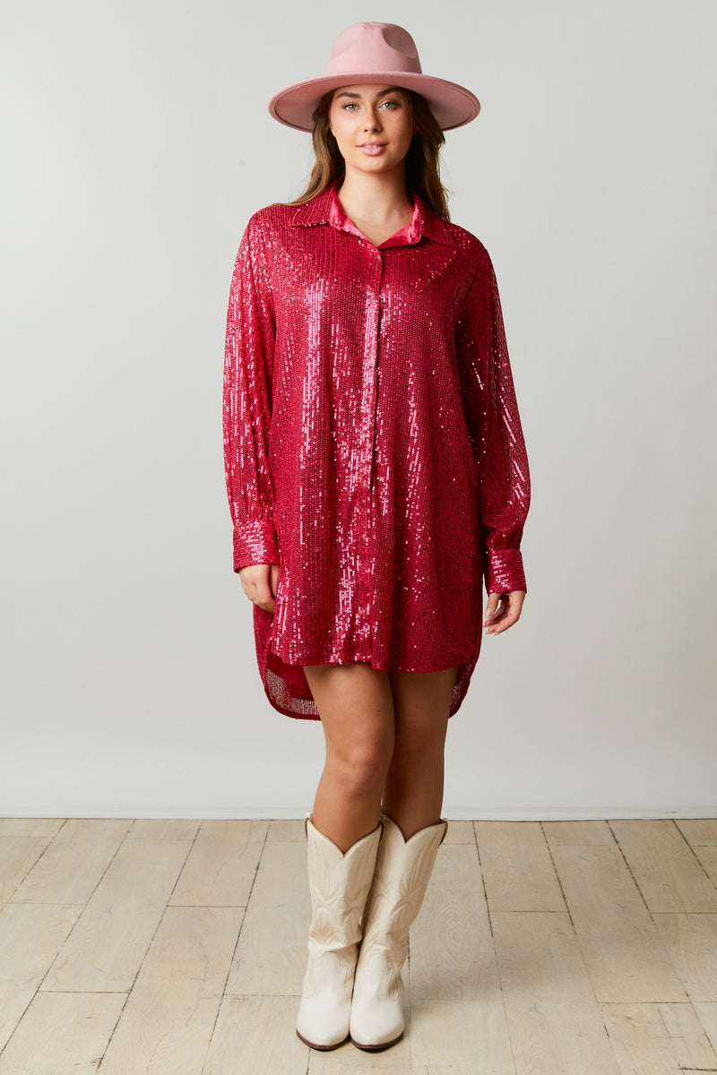 Fuchsia Sequin Shirt Dress