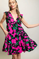 Hot Pink Floral Print Babydoll Dress