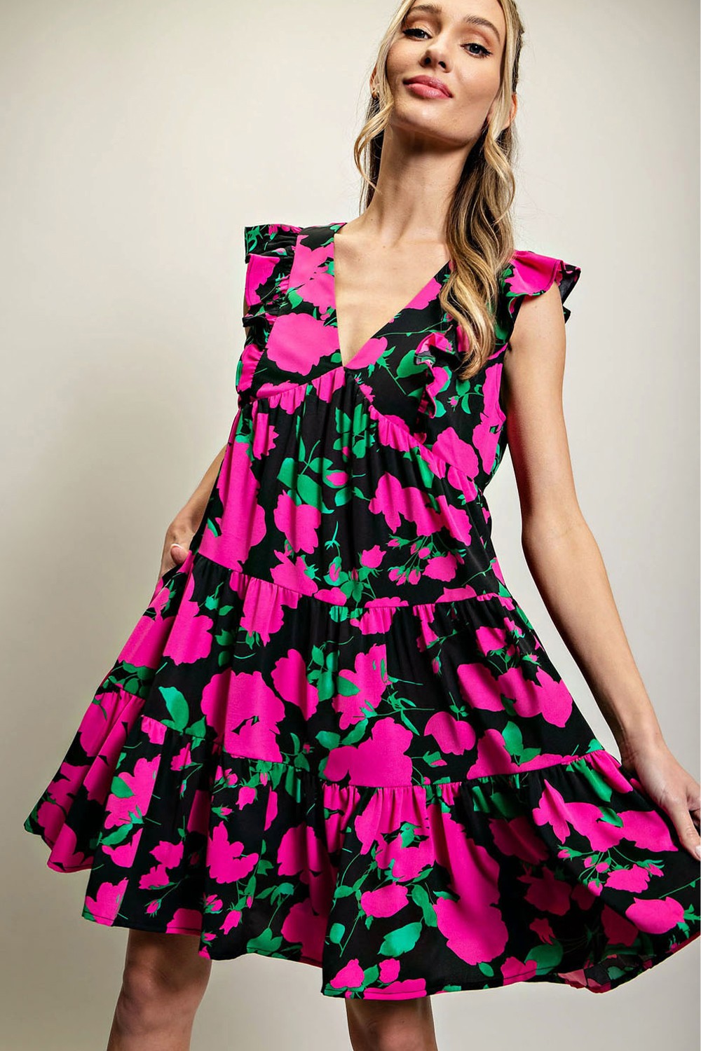 Hot Pink Floral Print Babydoll Dress