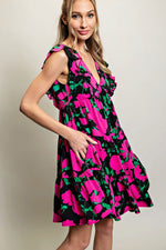 Hot Pink Floral Print Babydoll Dress