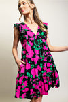 Hot Pink Floral Print Babydoll Dress