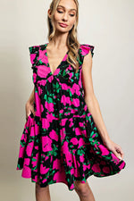 Hot Pink Floral Print Babydoll Dress