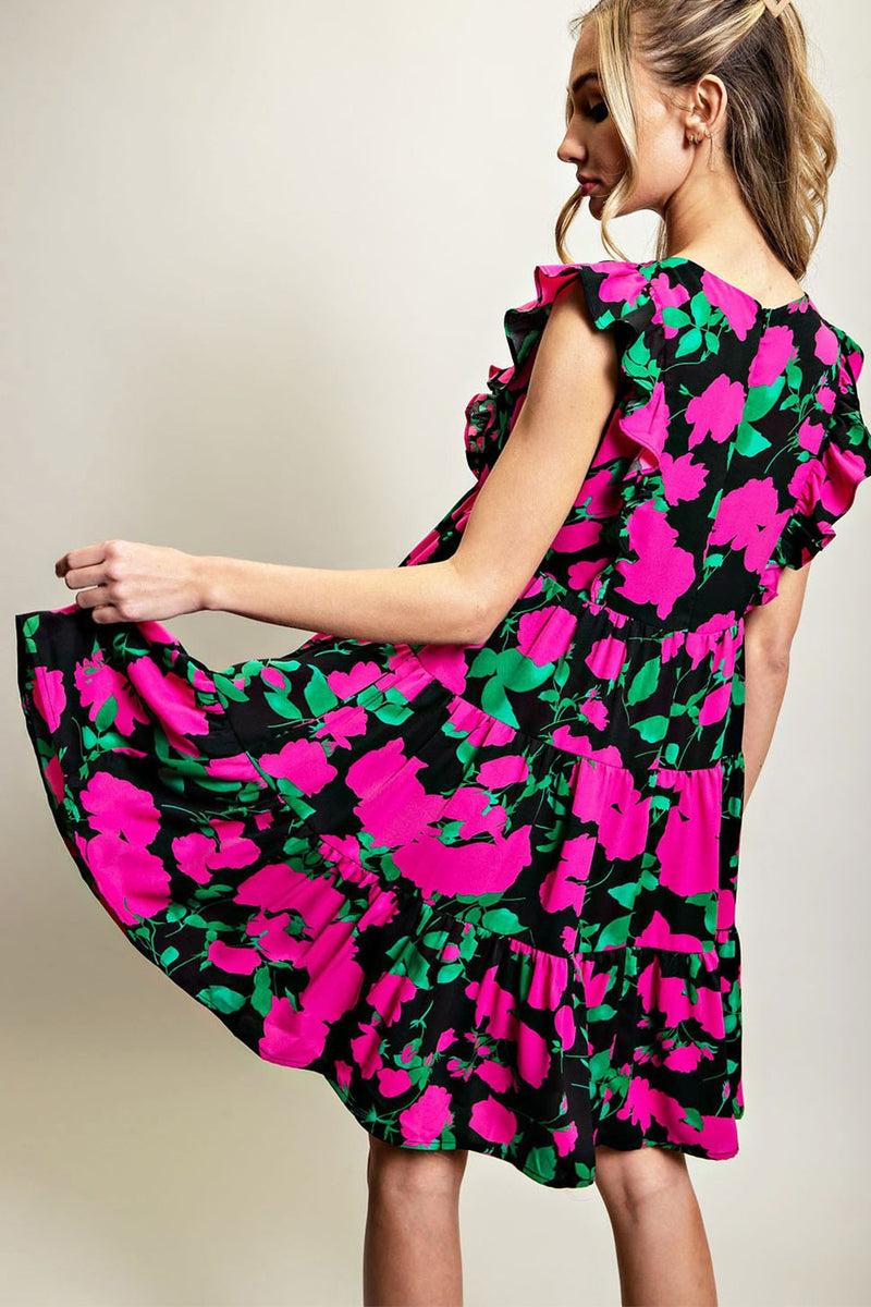 Hot Pink Floral Print Babydoll Dress