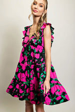 Hot Pink Floral Print Babydoll Dress