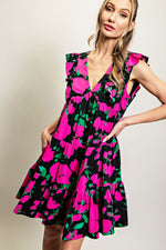 Hot Pink Floral Print Babydoll Dress