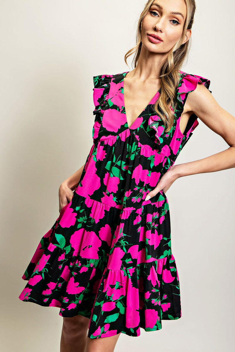 Hot Pink Floral Print Babydoll Dress