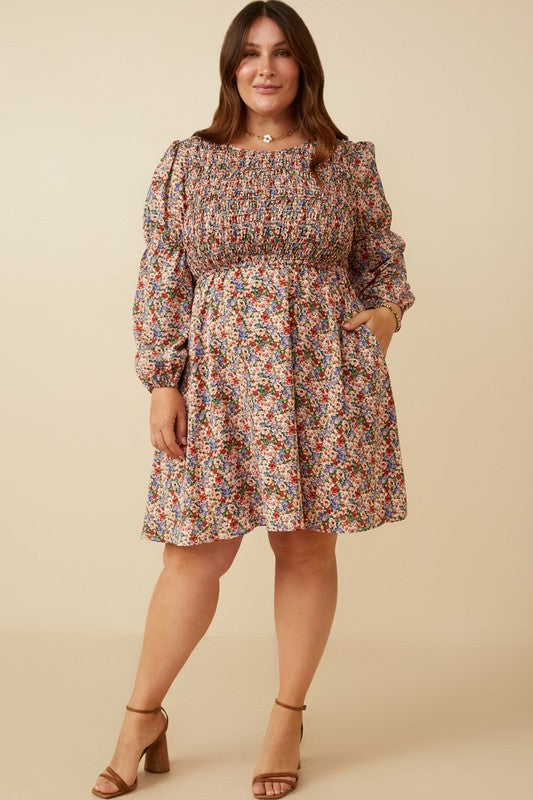 Smocked Bodice Peasant Sleeve Dress (Plus Size)