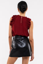 Sleeveless Ruffle Hem Woven Top (Burgundy)