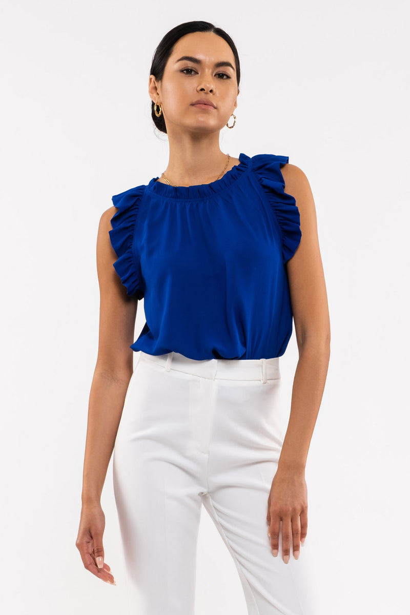 Sleeveless Ruffle Hem Woven Top (Deep Royal Blue)