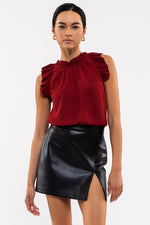 Sleeveless Ruffle Hem Woven Top (Burgundy)