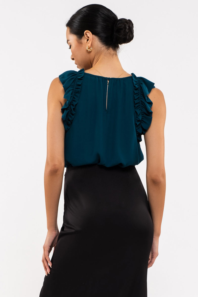 Sleeveless Ruffle Hem Woven Top (Teal)