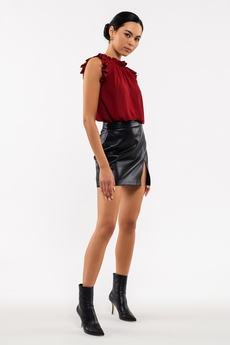 Sleeveless Ruffle Hem Woven Top (Burgundy)