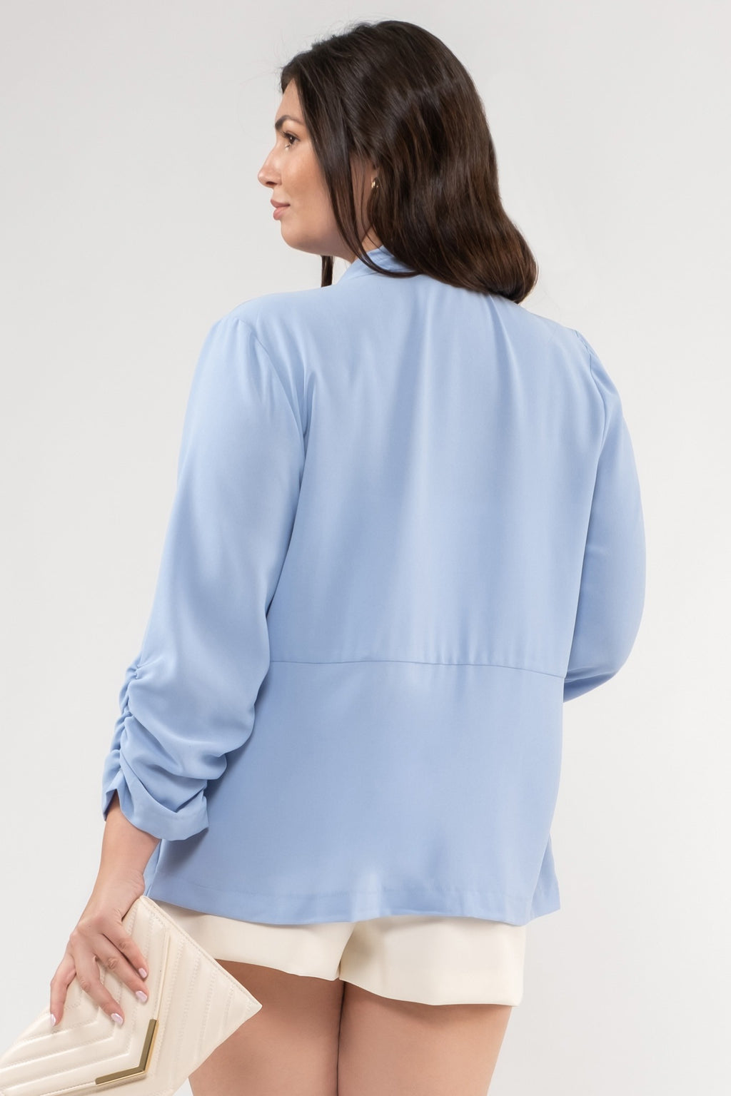 3/4 Ruched Sleeve Lightweight Blazer (Plus Size - Chambray)