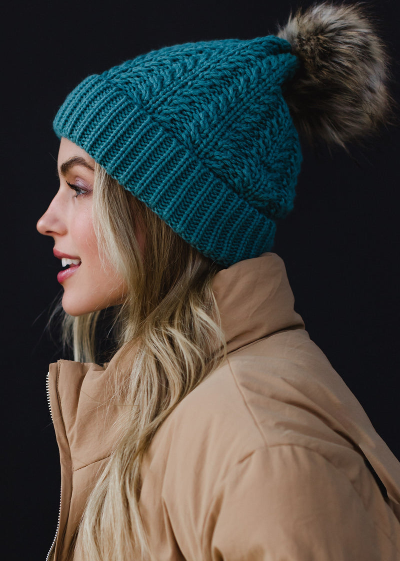 Blue Cable Knit Pom Hat