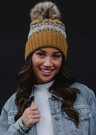 Mustard, Black, White & Blue Patterned Pom Hat