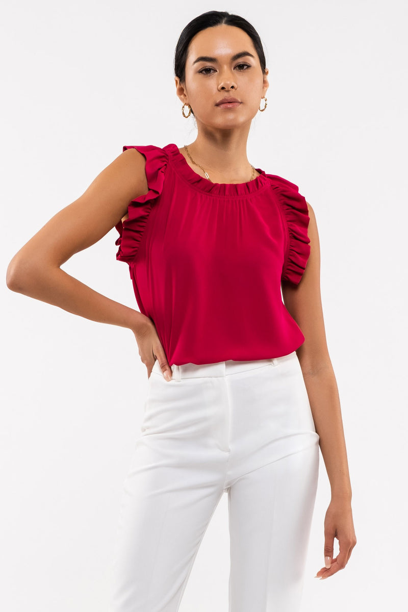 Sleeveless Ruffle Hem Woven Top (Magenta)
