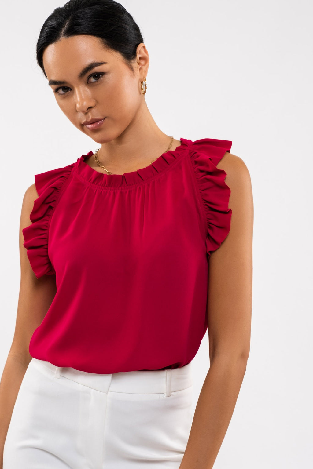 Sleeveless Ruffle Hem Woven Top (Magenta)