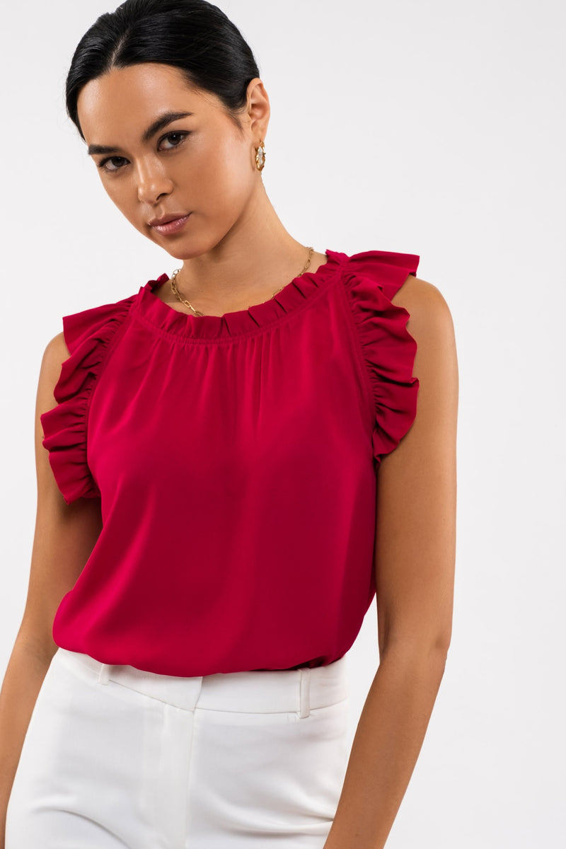 Sleeveless Ruffle Hem Woven Top (Magenta)