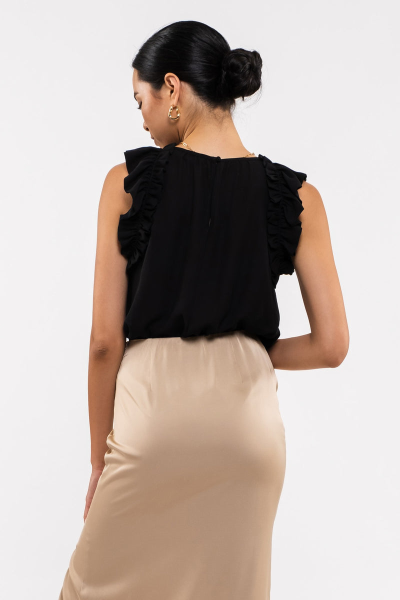 Sleeveless Ruffle Hem Woven Top (Black)