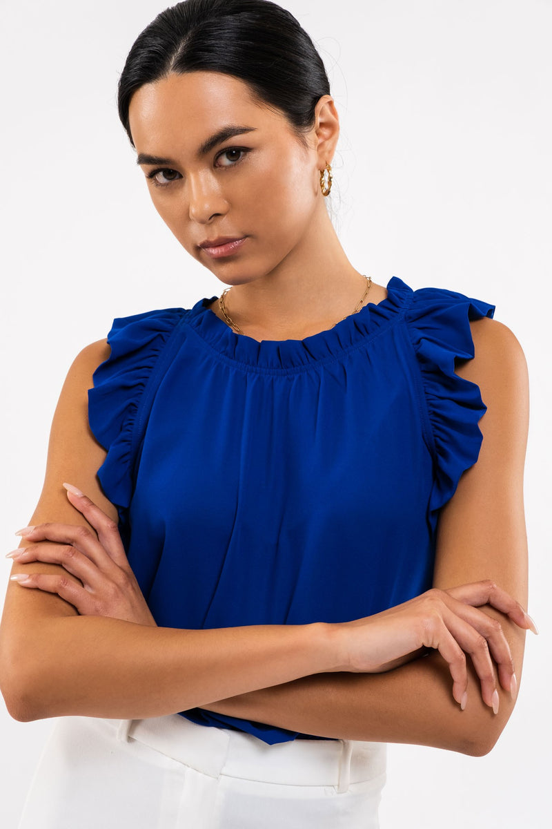 Sleeveless Ruffle Hem Woven Top (Deep Royal Blue)