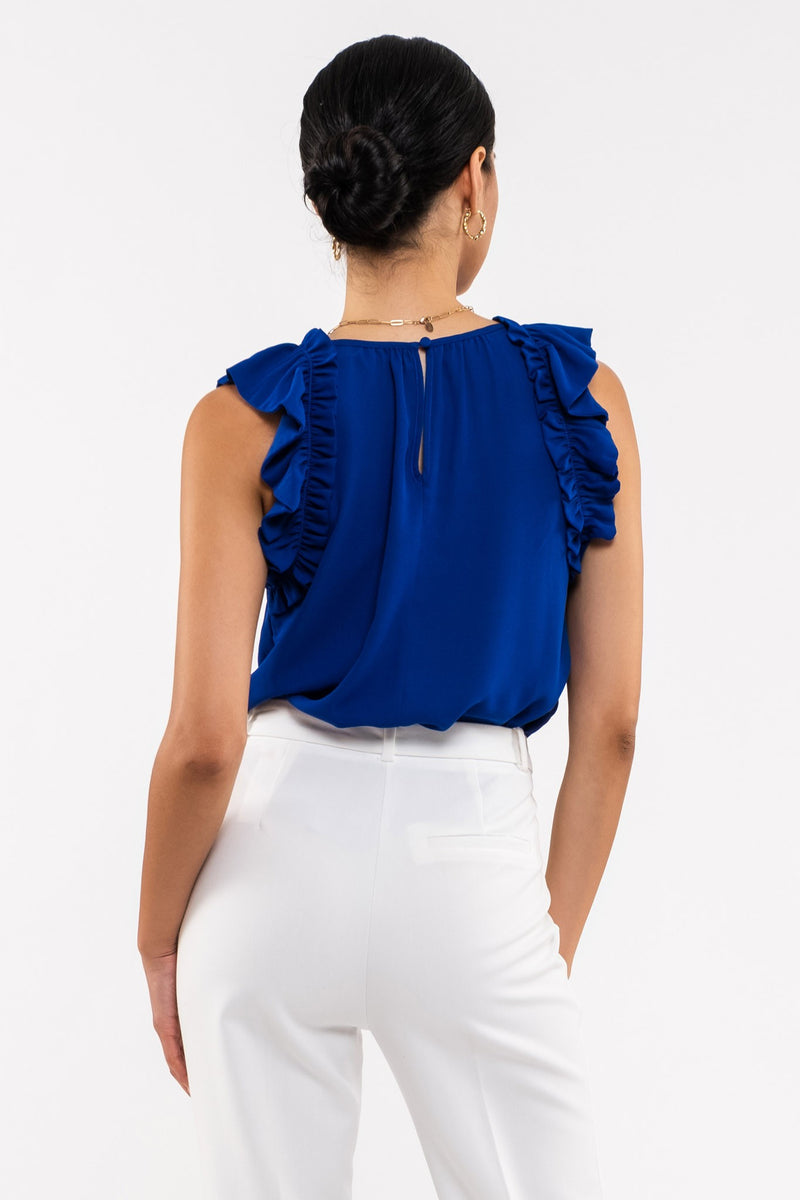 Sleeveless Ruffle Hem Woven Top (Deep Royal Blue)