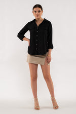Front Pocket Collared Blouse (Black)