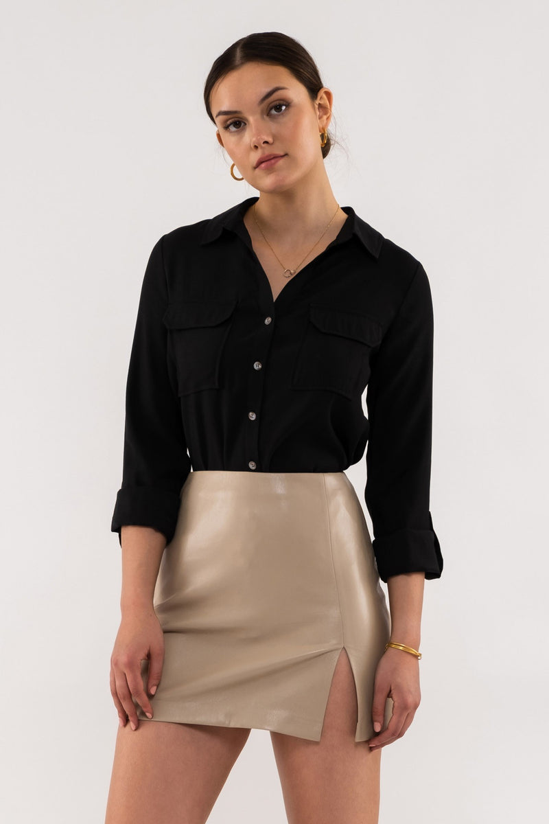 Front Pocket Collared Blouse (Black)