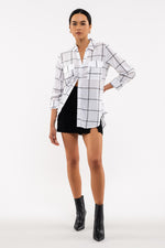 Grid Print Button Front Blouse (White)