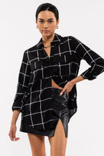Grid Print Button Front Blouse (Black)