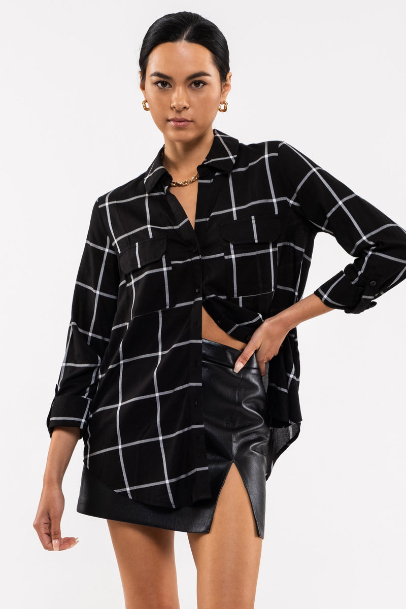 Grid Print Button Front Blouse (Black)
