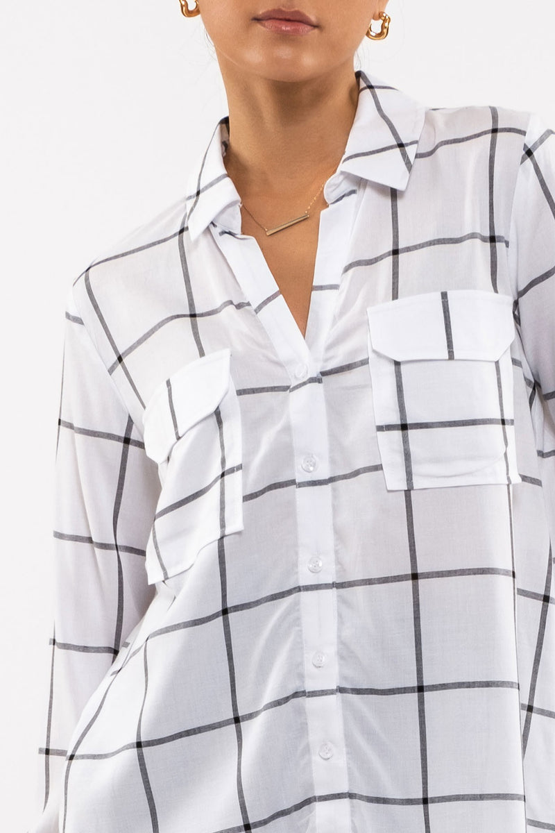 Grid Print Button Front Blouse (White)