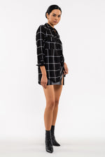 Grid Print Button Front Blouse (Black)