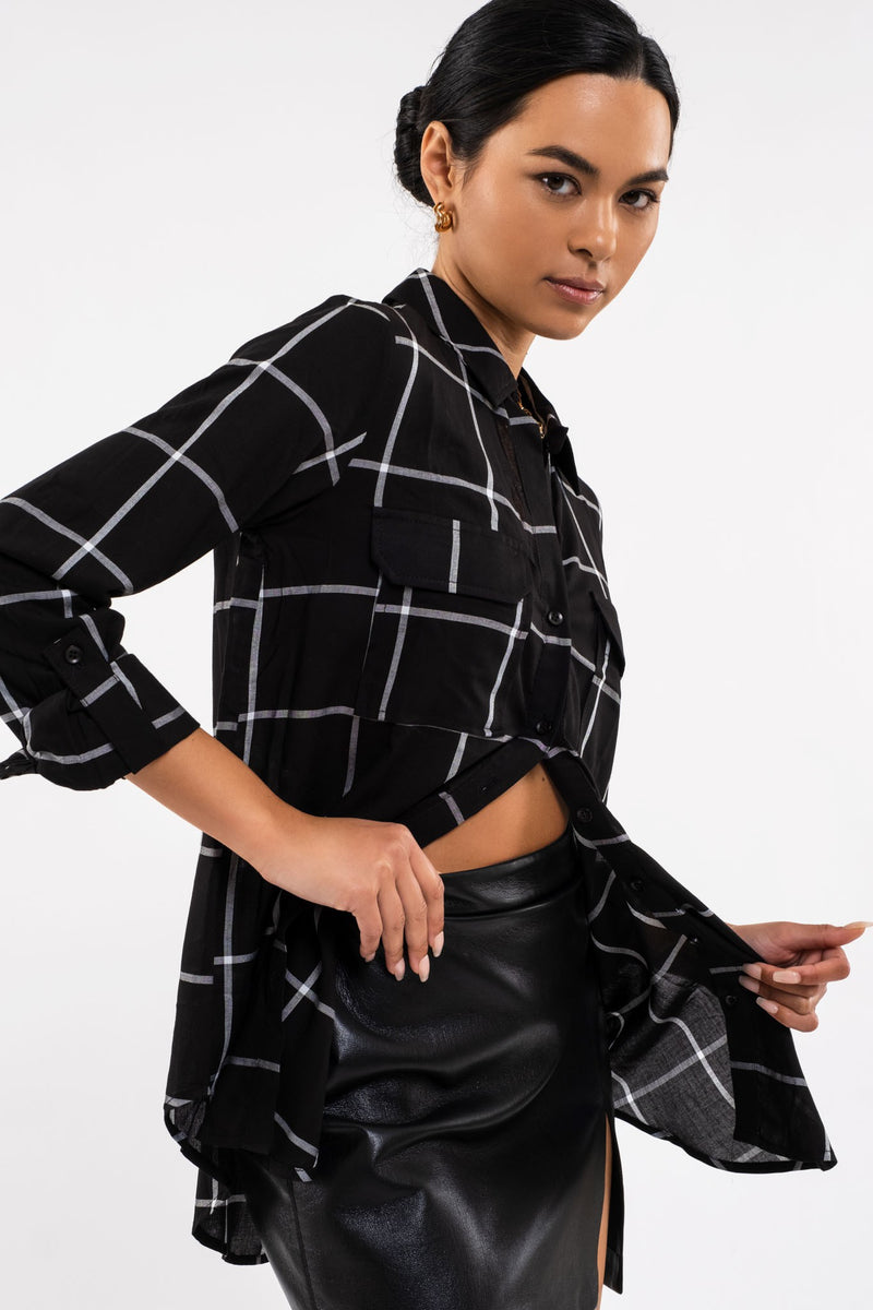 Grid Print Button Front Blouse (Black)
