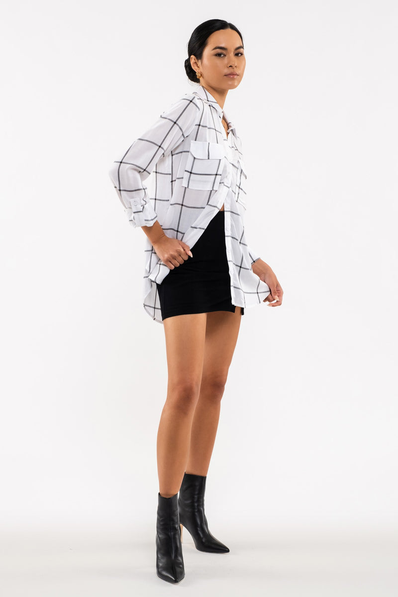 Grid Print Button Front Blouse (White)