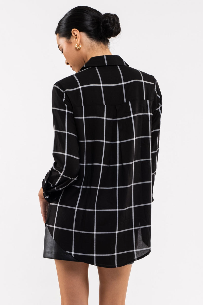 Grid Print Button Front Blouse (Black)