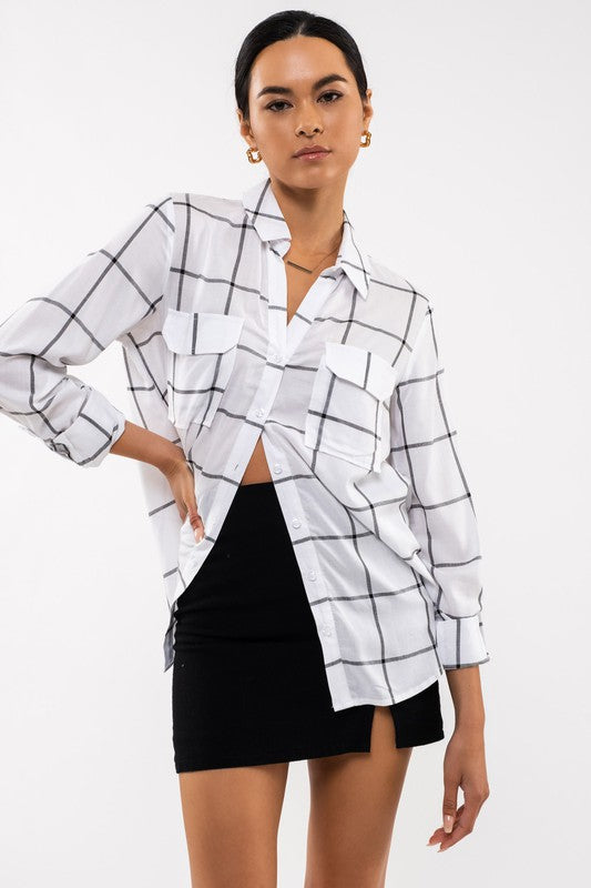 Grid Print Button Front Blouse (White)