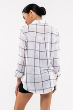 Grid Print Button Front Blouse (White)