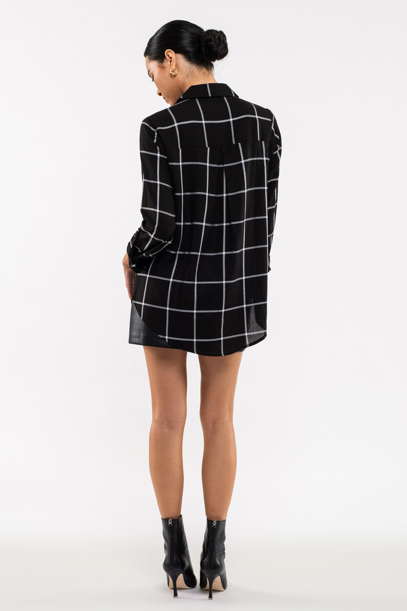 Grid Print Button Front Blouse (Black)