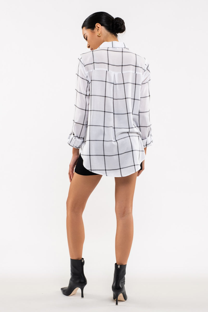 Grid Print Button Front Blouse (White)