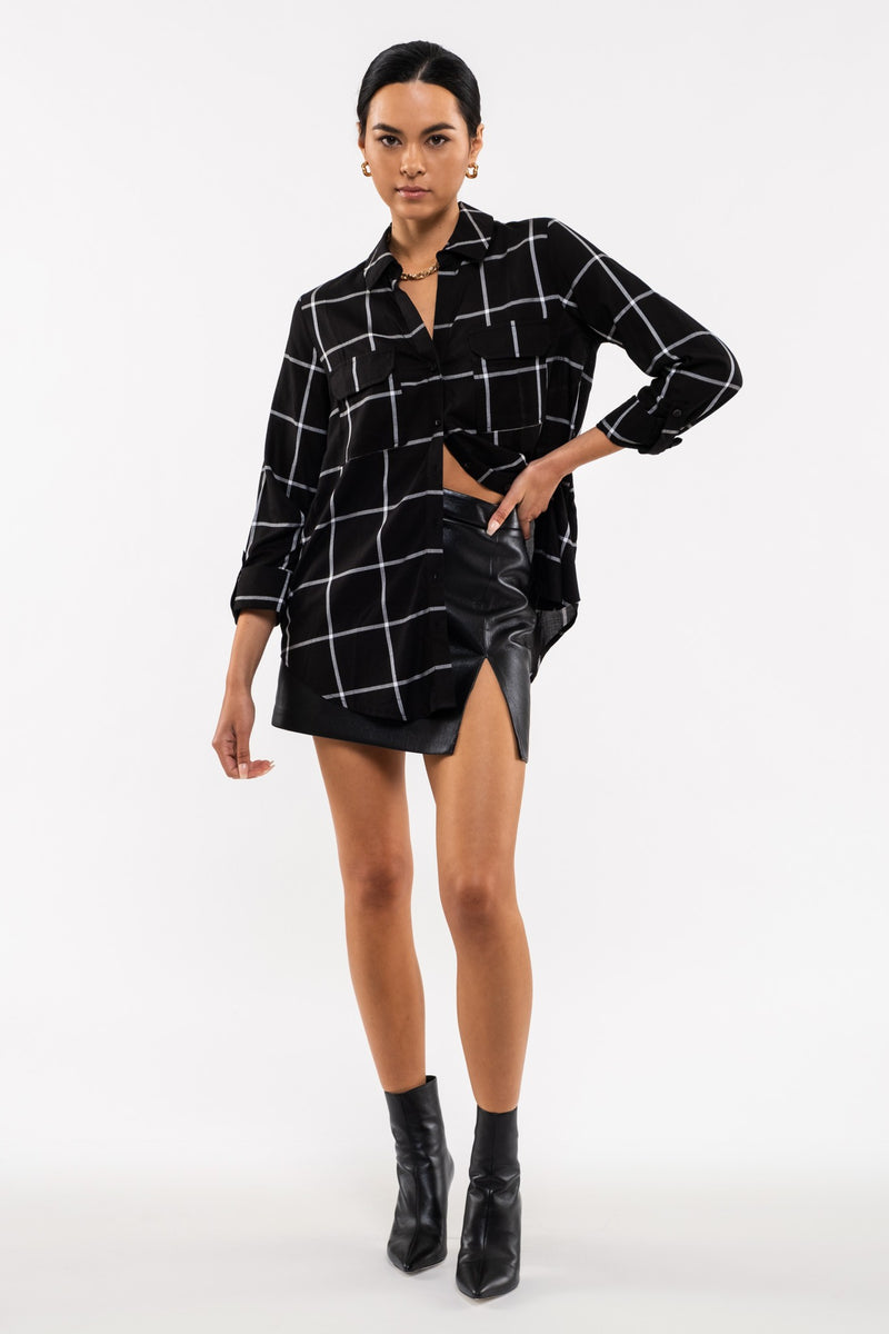 Grid Print Button Front Blouse (Black)