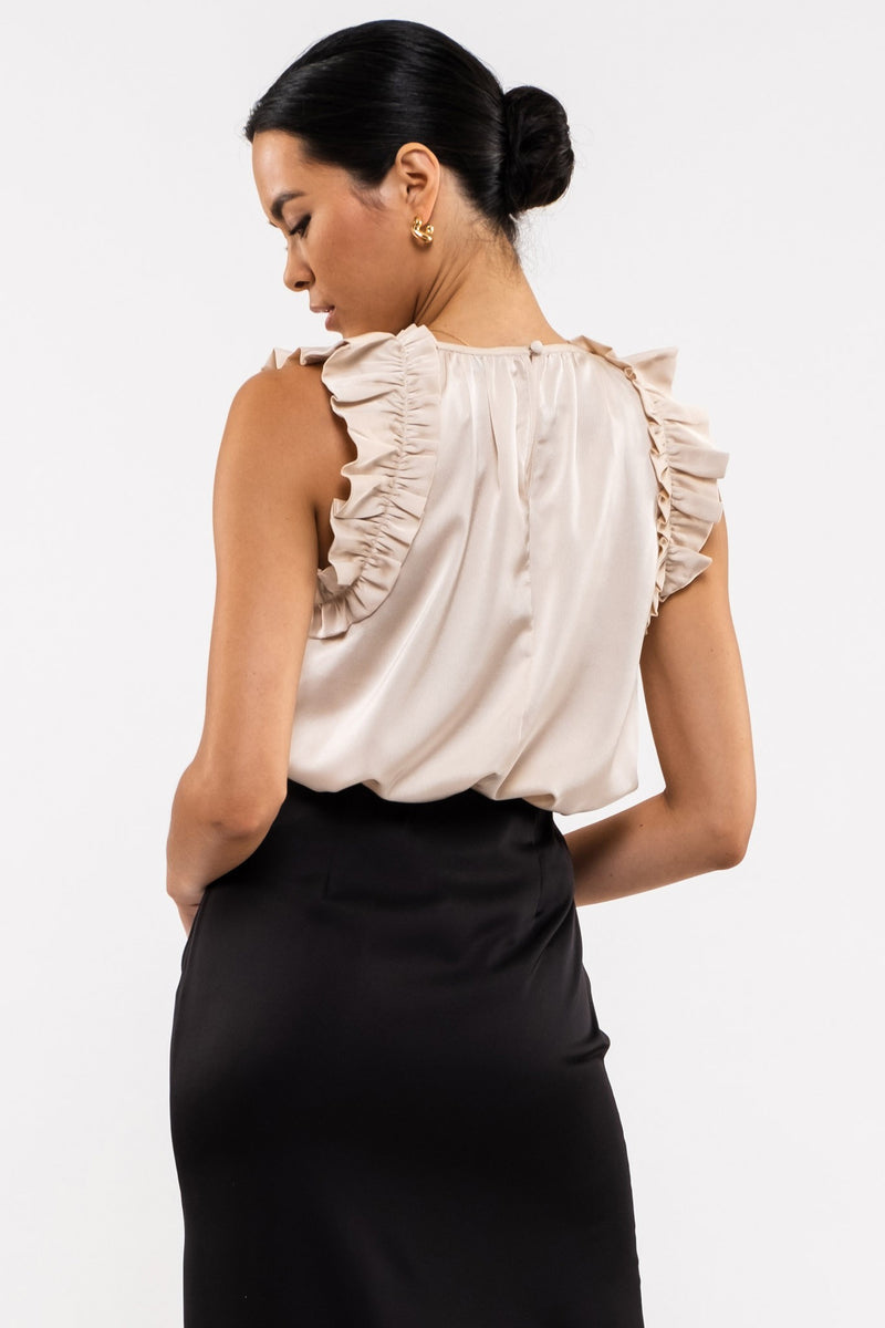 Satin Ruffle Woven Top (Champagne)