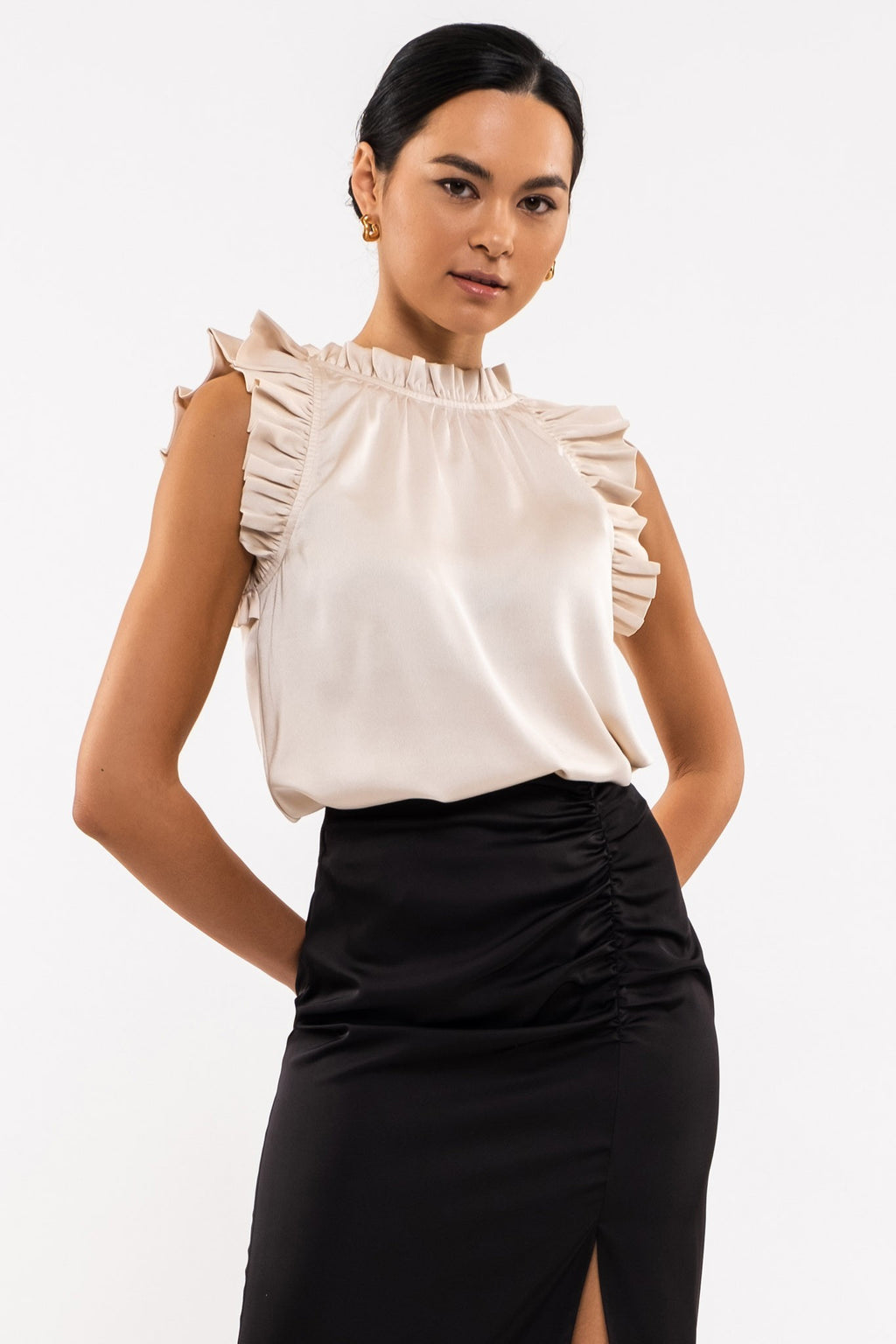 Satin Ruffle Woven Top (Champagne)