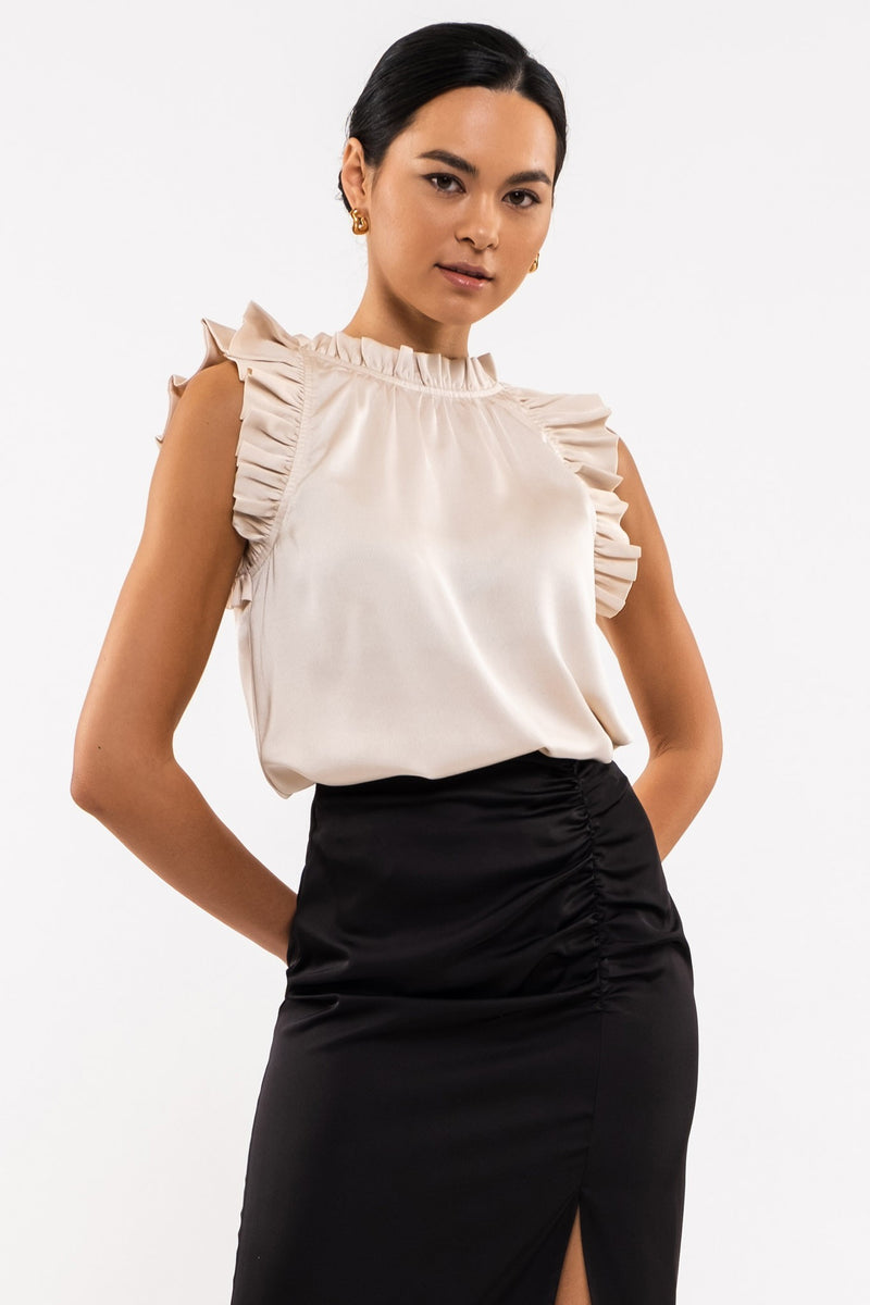 Satin Ruffle Woven Top (Champagne)