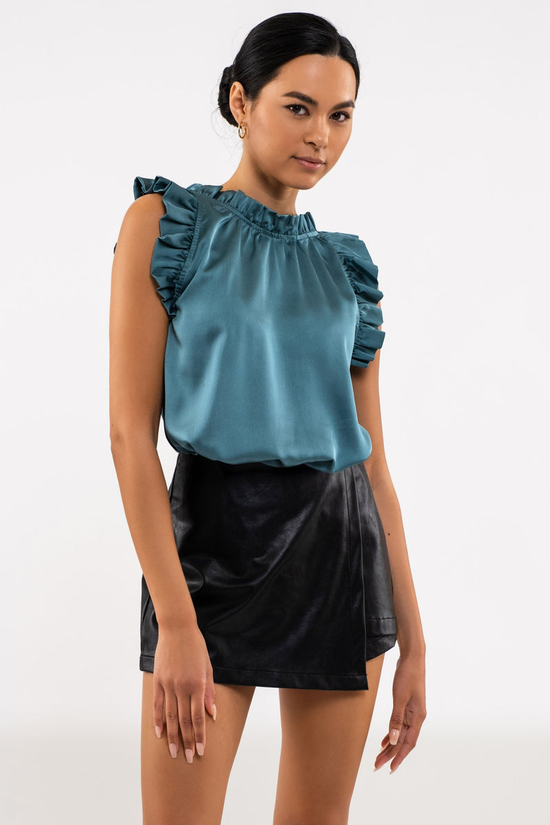 Satin Ruffle Woven Top (Teal)