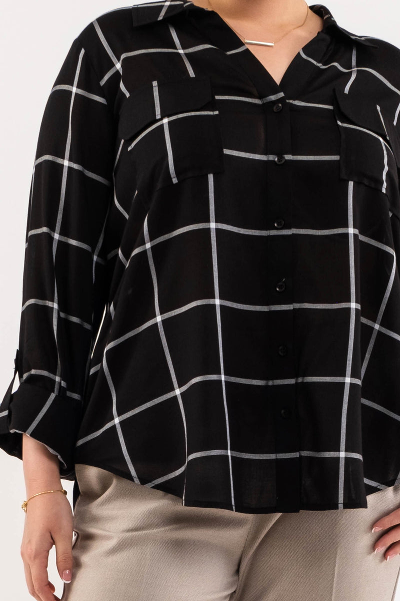 Grid Print Button Front Blouse (Plus Size - Black)